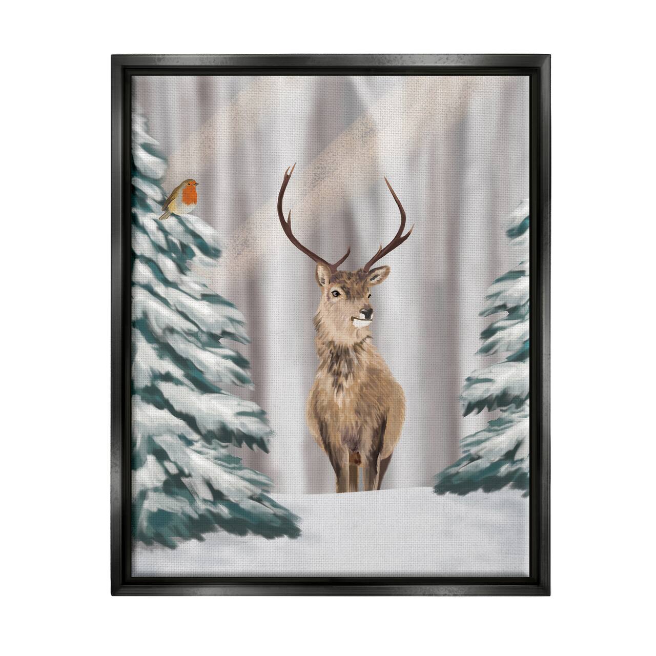 Stupell Industries Seasonal Deer Winter Landscape Framed Floater Canvas Wall Art